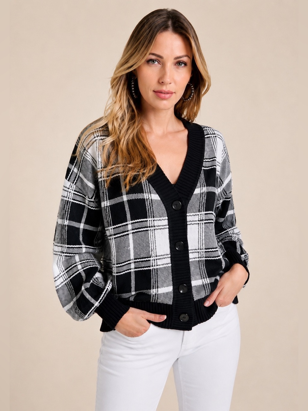 VENUS Black & White Plaid V-Neck Cardigan